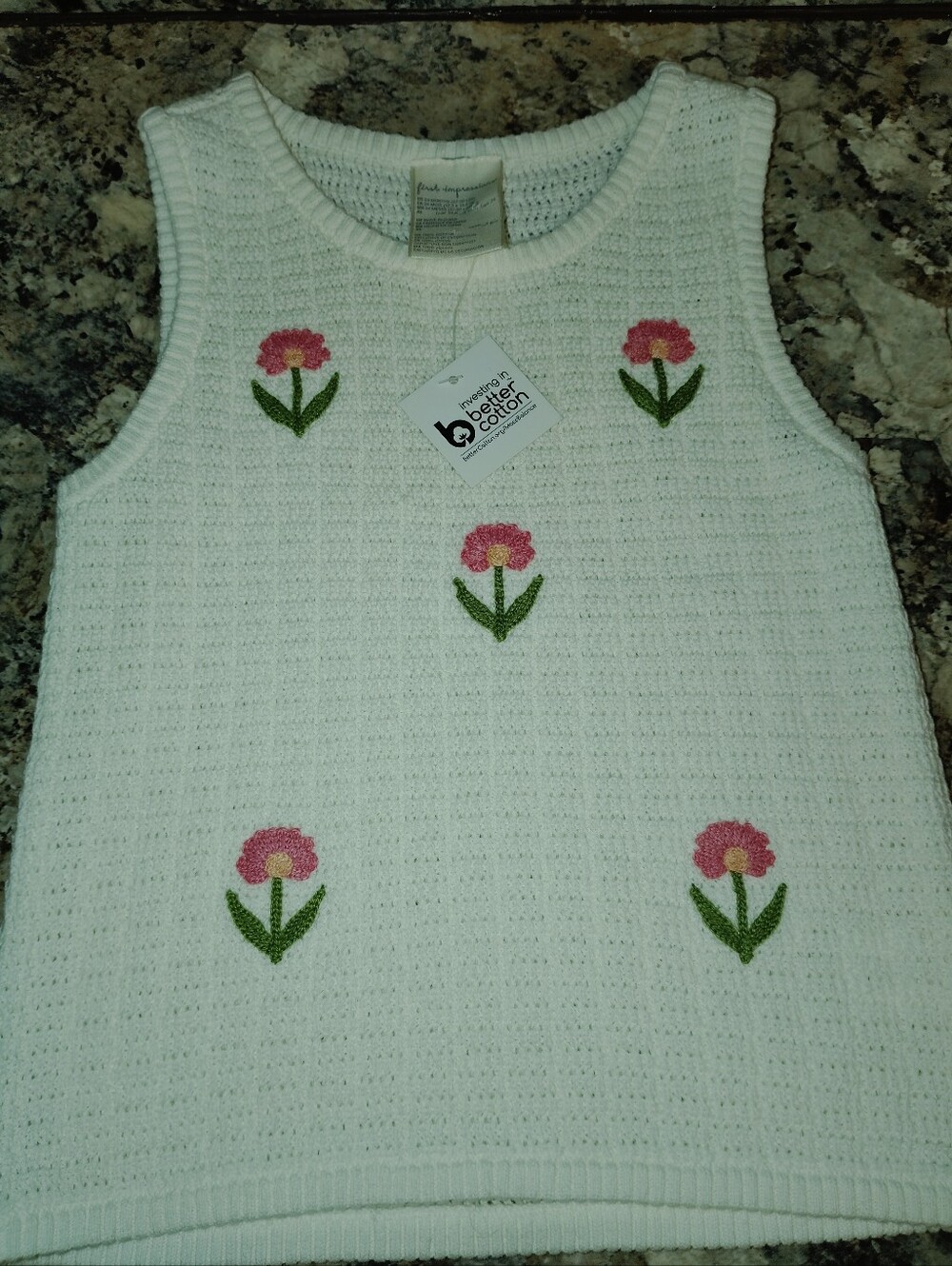 24 M First Impressions White Knit Tank Top with Pink Flower Embroidery Nwt